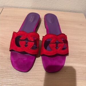 Gucci Red Suede Slides with Purple Footbed